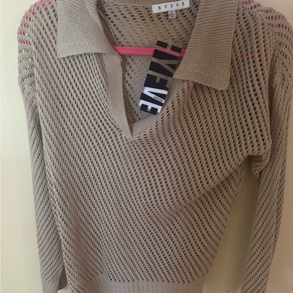 HYFVE Women's V-Neck Mesh Sweater in Tan